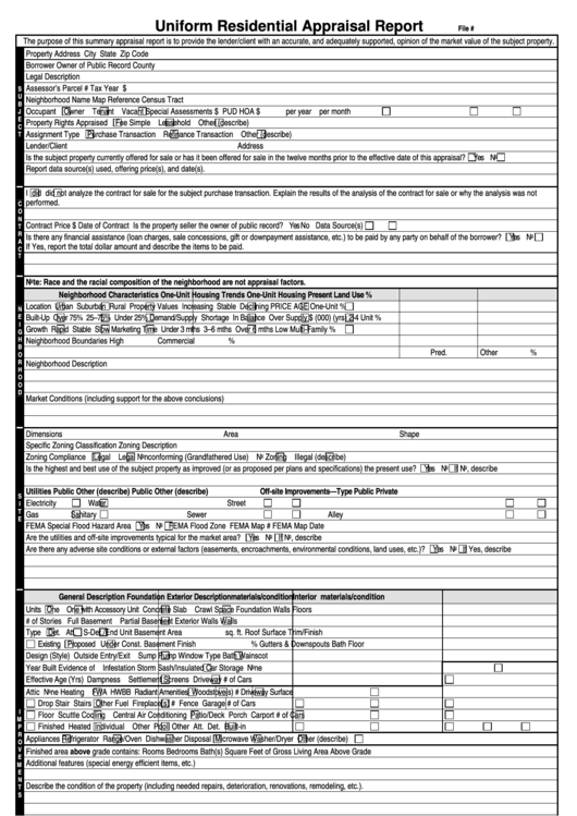 Uniform Residential Appraisal Report Printable pdf