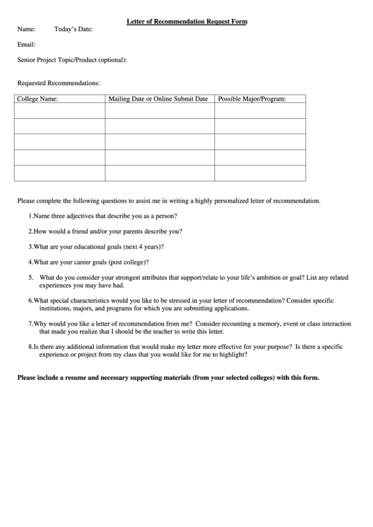 Letter Of Recommendation Request Form Printable pdf