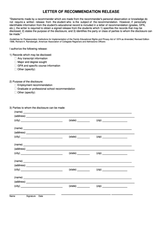 Letter Of Recommendation Release Printable pdf