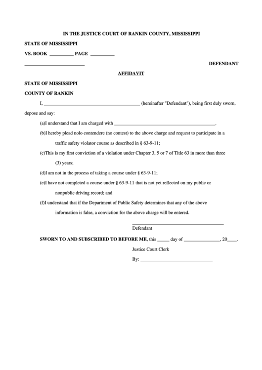 Affidavit In The Justice Court Of Rankin County, Mississippi Printable pdf