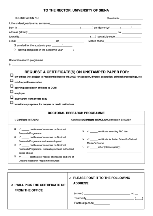 Request A Certificate(S) On Unstamped Paper Printable pdf