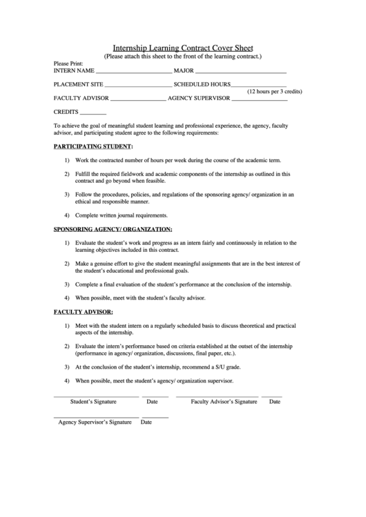 Internship Learning Contract Cover Sheet Printable pdf