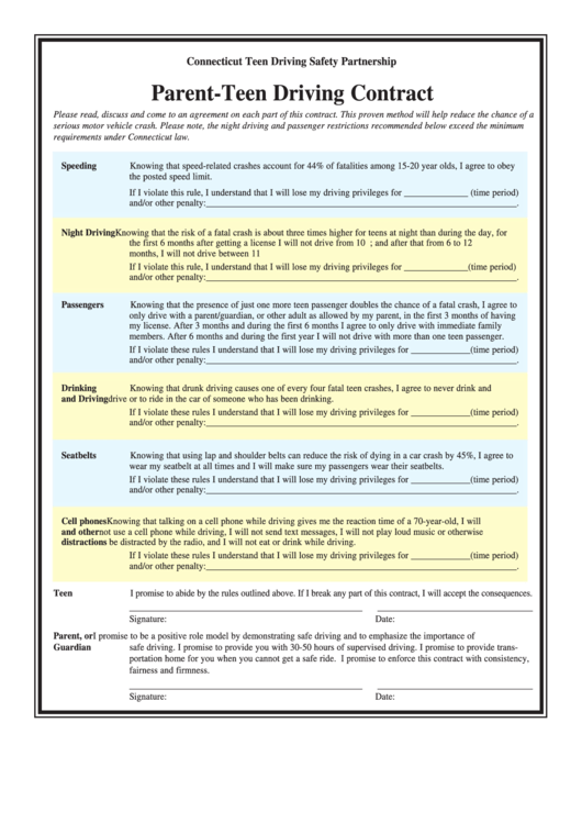 Parent-Teen Driving Contract Printable pdf