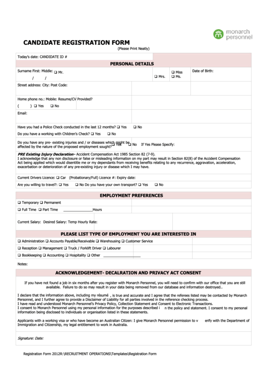 Candidate Registration Form Printable pdf