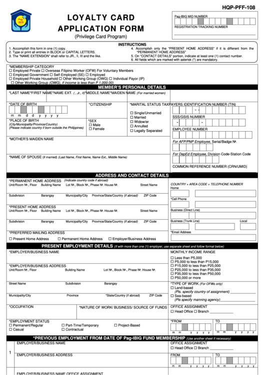 Loyalty Card Application Form Printable pdf