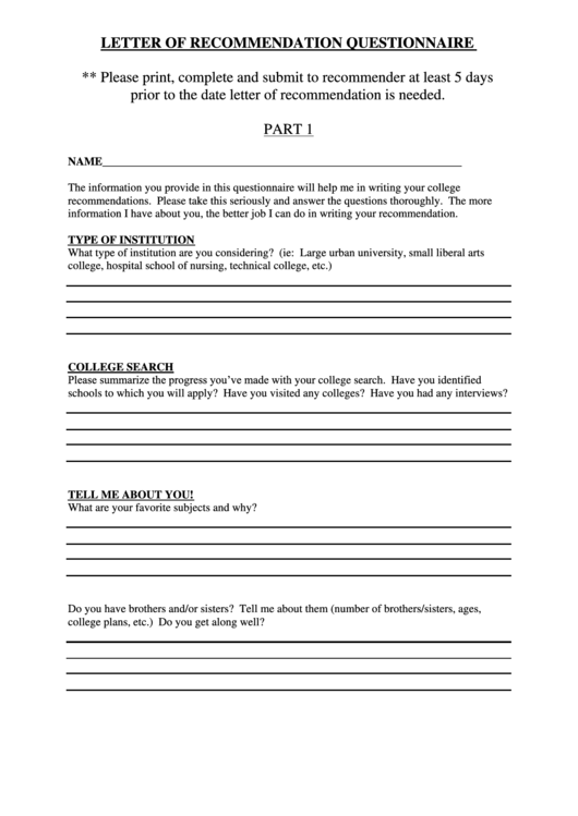 Letter Of Recommendation Questionnaire Printable pdf