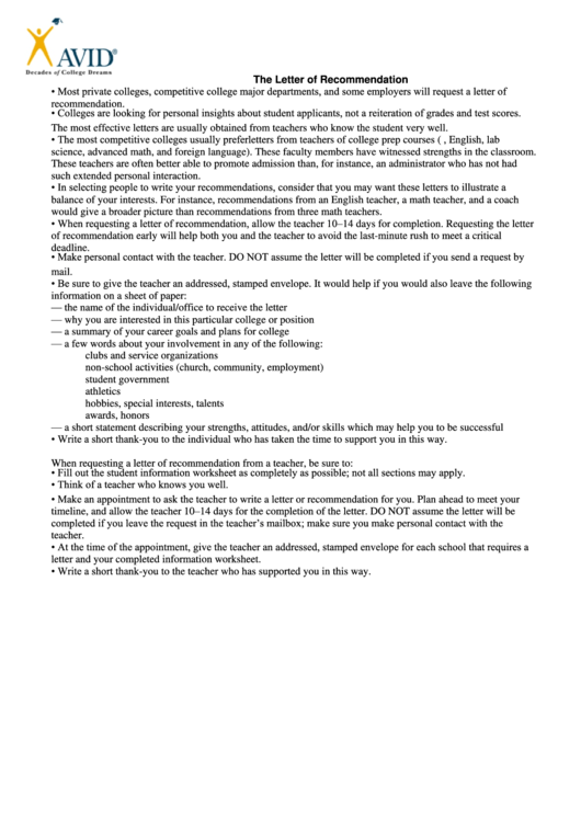 Avid Student Information Worksheet For Letter Of Recommendation Printable pdf