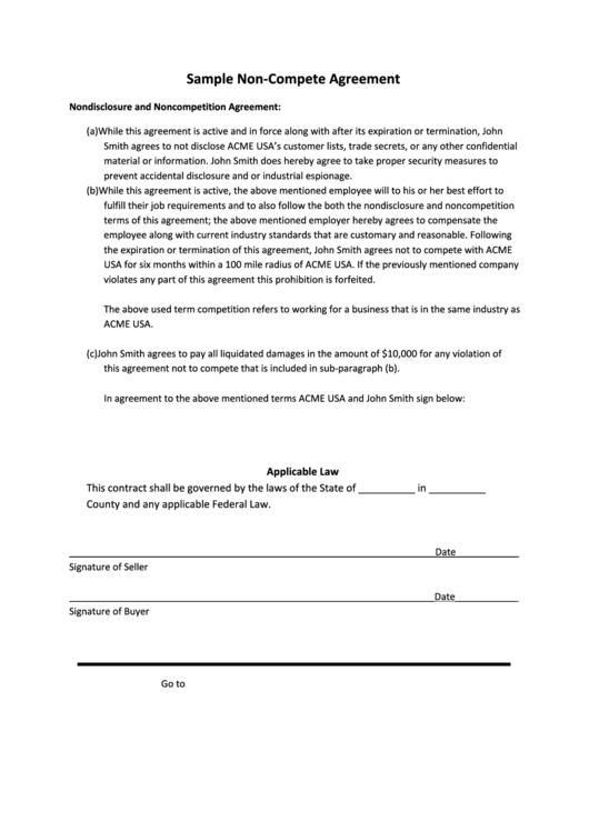 Sample Non-Compete Agreement Template Printable pdf