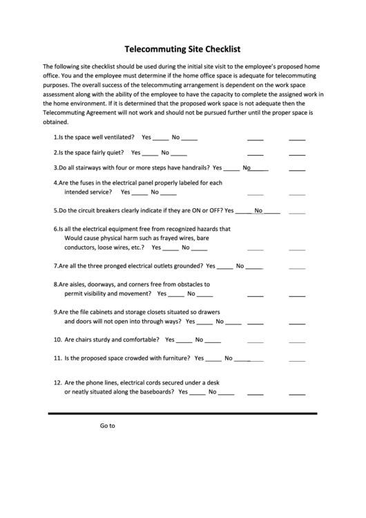 Telecommuting Site Checklist Printable pdf