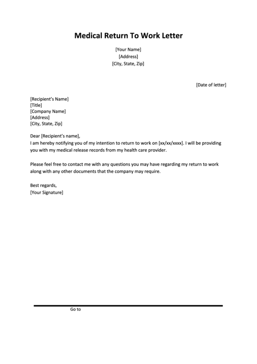 Medical Return To Work Letter Printable pdf