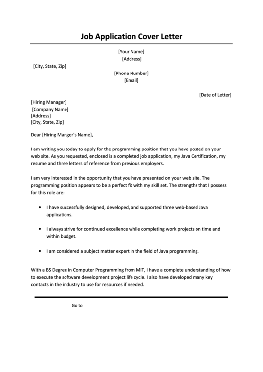 Job Application Cover Letter Printable pdf
