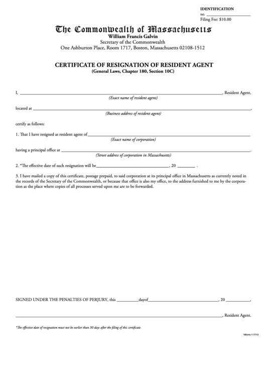 Fillable Certificate Of Resignation Of Resident Agent Form - The Commonwealth Of Massachusetts Printable pdf