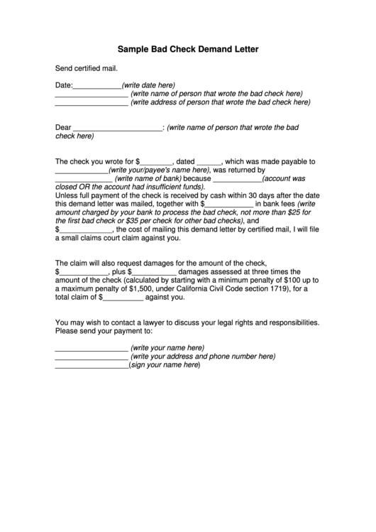 Sample Bad Check Demand Letter Template Printable pdf