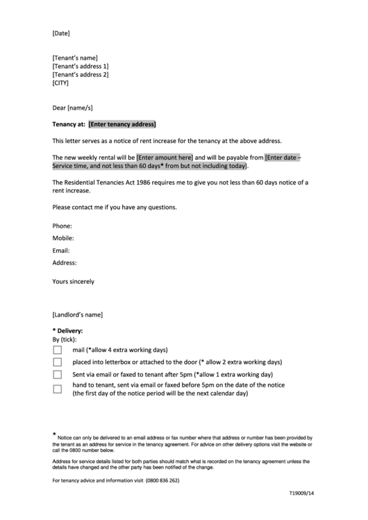 Form T190 - Notice Of Rent Increase - 2014