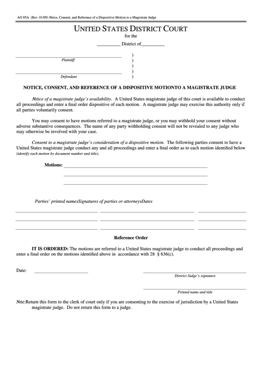Fillable Notice Consent And Reference Of A Dispositive Motion To A Magistrate Judge Printable pdf