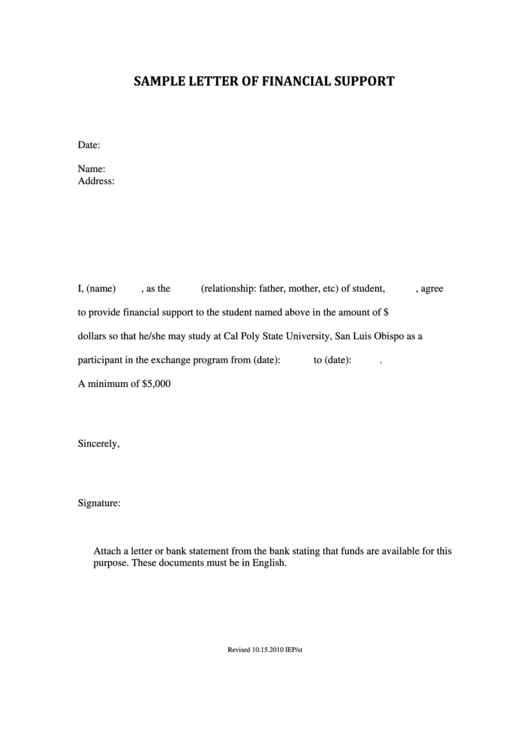 Sample Letter Of Financial Support