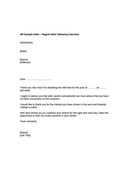 Hr Regret Letter Following Interview Printable pdf