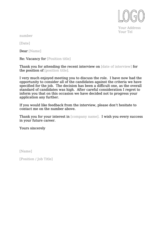 Letter To Unsuccessful Applicant (Following Interview) Printable pdf