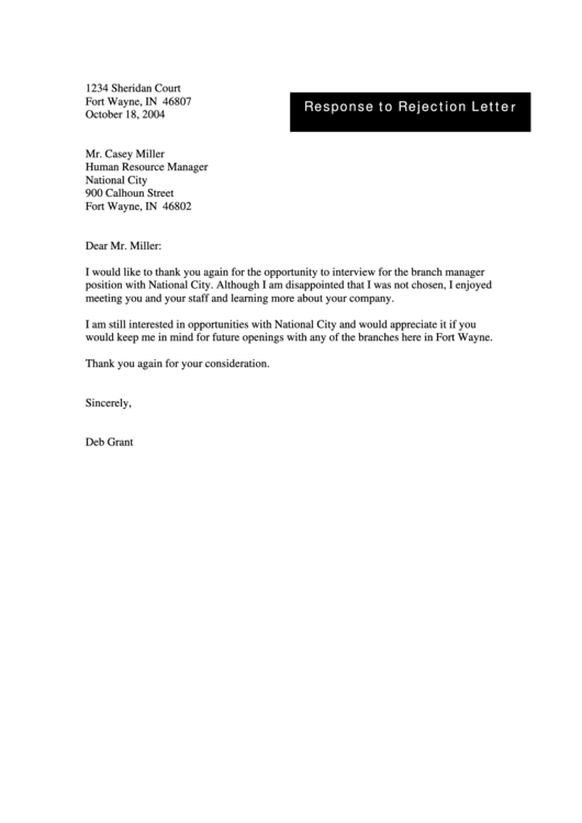 Response To Rejection Letter Template Printable pdf