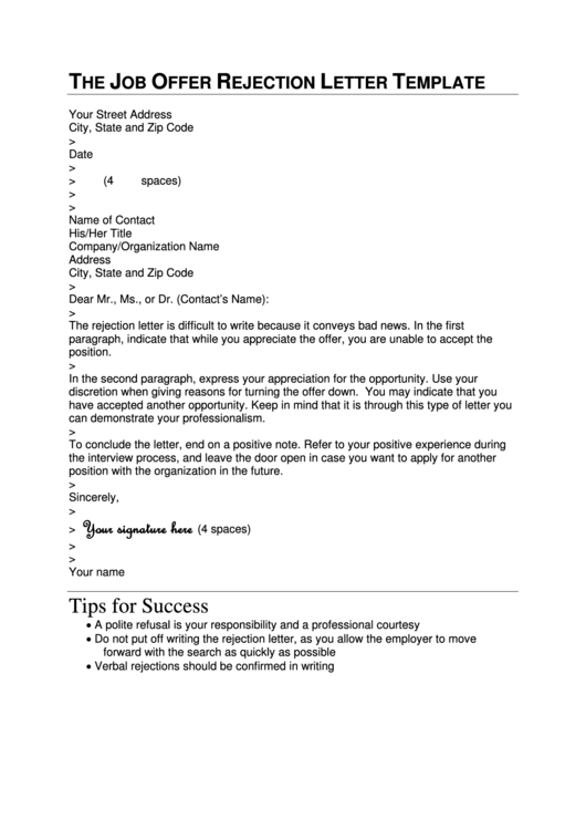 Job Offer Rejection Letter Template Printable pdf