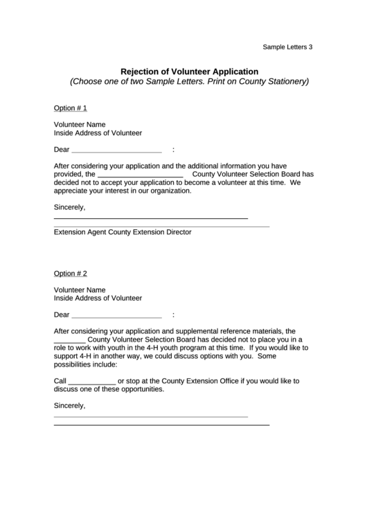 Rejection Of Volunteer Application Letter Template Printable pdf