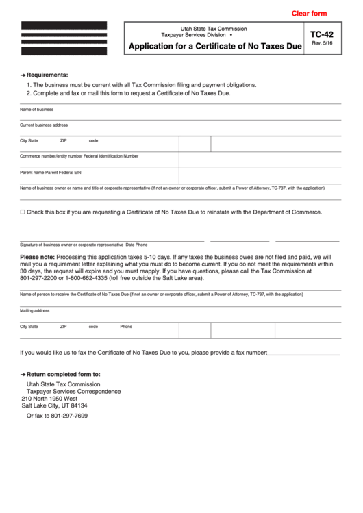 Fillable Application For A Certificate Of No Taxes Due printable pdf