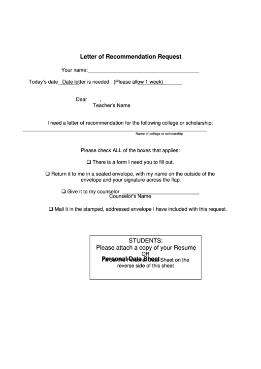 Letter Of Recommendation Request Printable pdf