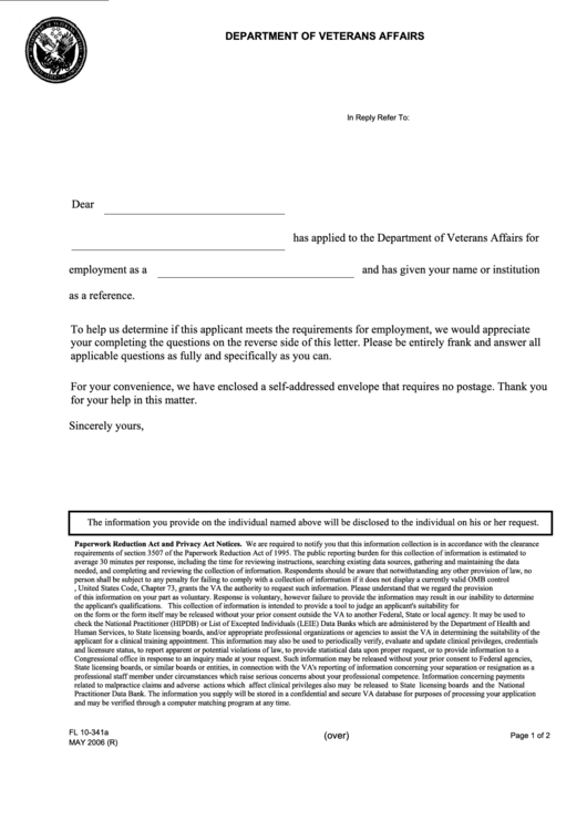 Fillable Fl 10-341a Form - Appraisal Of Applicant (Department Of Veterans Affairs) Printable pdf