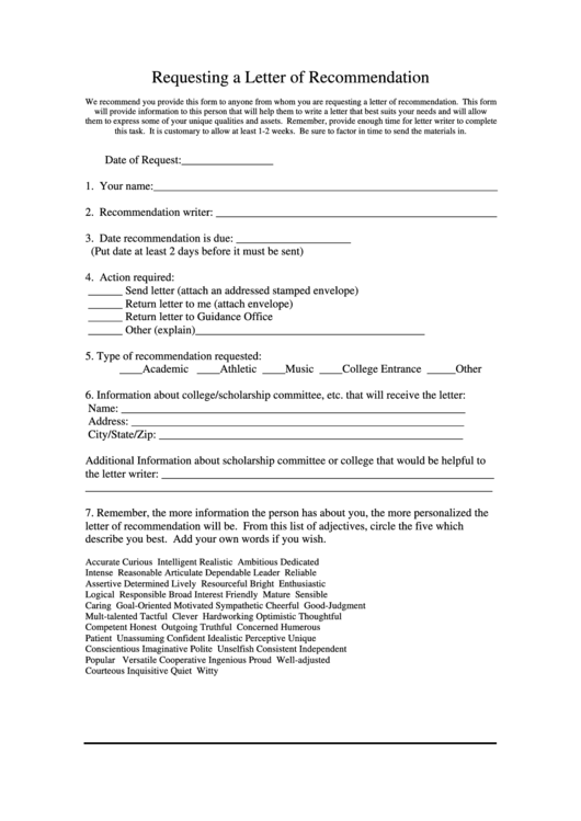 Requesting A Letter Of Recommendation Printable pdf