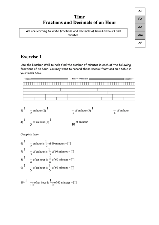 Time - Fractions And Decimals Of An Hour Worksheet Printable pdf