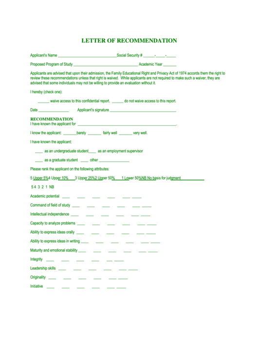 Letter Of Recommendation Template Printable pdf