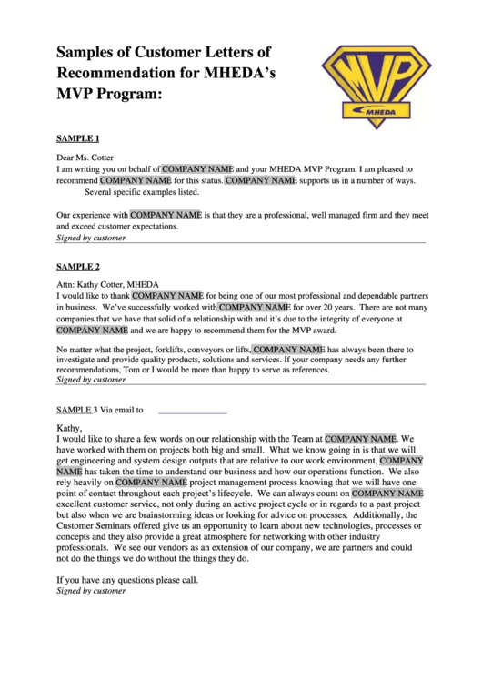 Samples Of Customer Letters Of Recommendation For Mheda Mvp Program Printable pdf