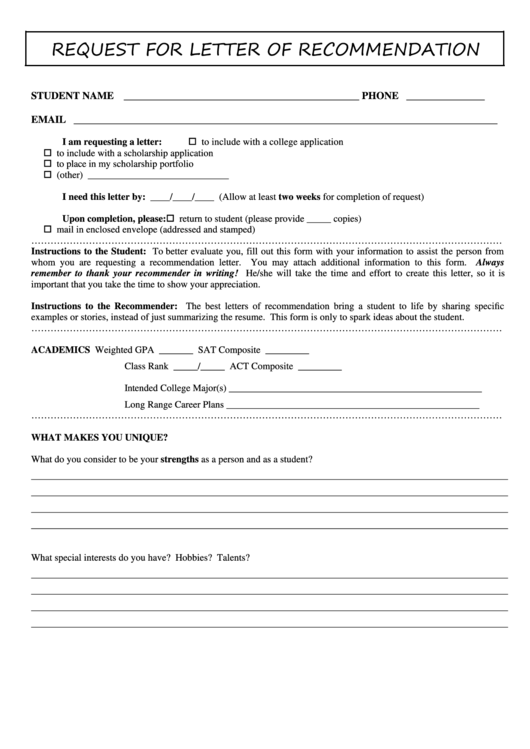 Request For Letter Of Recommendation Form Printable pdf