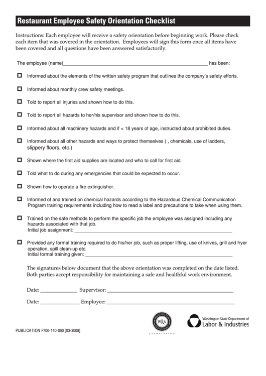 Restaurant Employee Safety Orientation Checklist