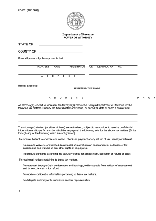 Fillable Form Rd-1061 - Department Of Revenue Power Of Attorney - 2009 Printable pdf