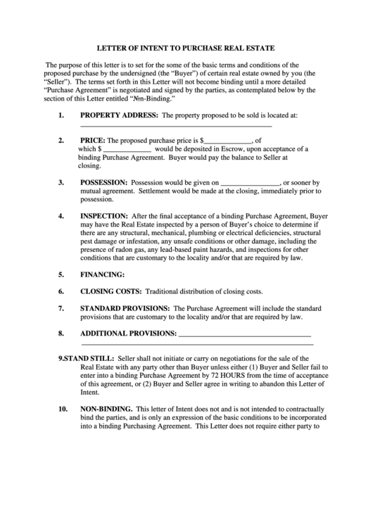 Fillable Letter Of Intent To Purchase Real Estate Printable pdf