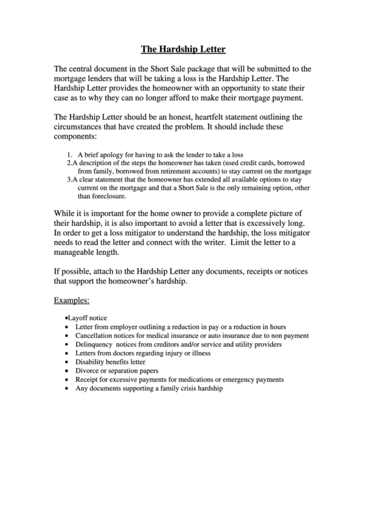 Hardship Letter Template - Short Sale Printable pdf