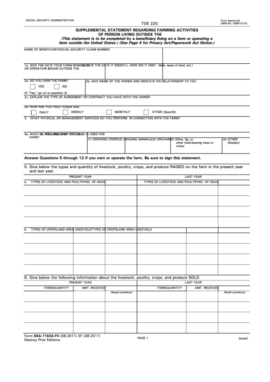 Fillable Form Ssa-7163a-F4 - Supplemental Statement Regarding Farming Activities Of Person Living Outside The Usa Printable pdf