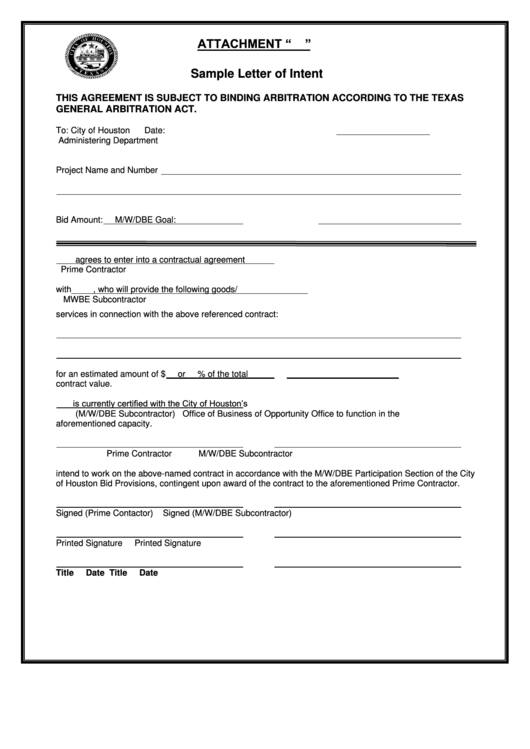 Sample Letter Of Intent Template Printable pdf