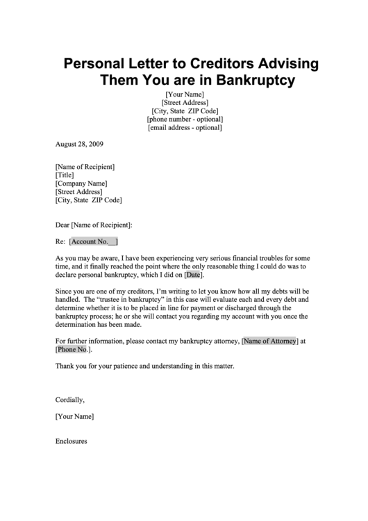 Personal Letter To Creditors Advising Them You Are In Bankruptcy Printable pdf