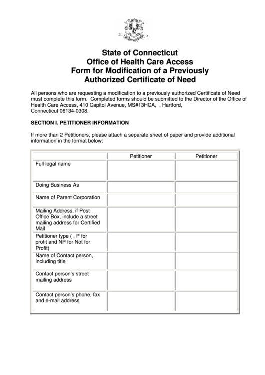 Office Of Health Care Access Form For Modification Of A Previously Authorized Certificate Of Need Printable pdf
