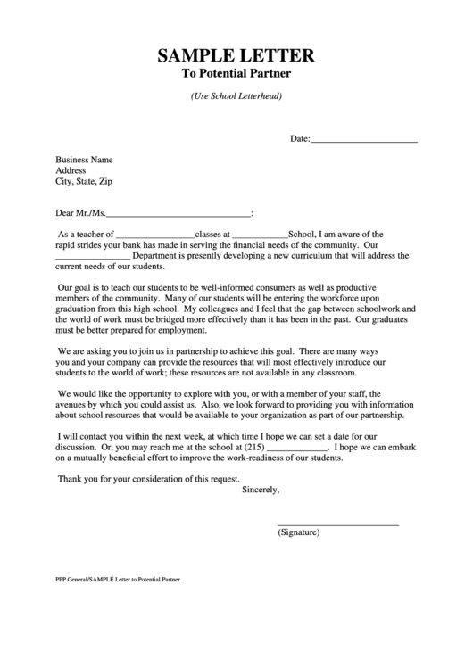 Sample Letter To Potential Partner Printable pdf