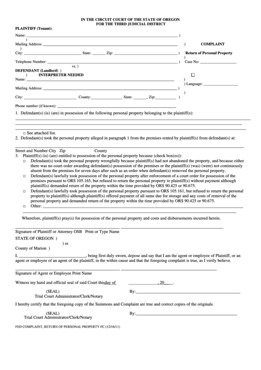 Return Of Personal Property Complaint Printable pdf