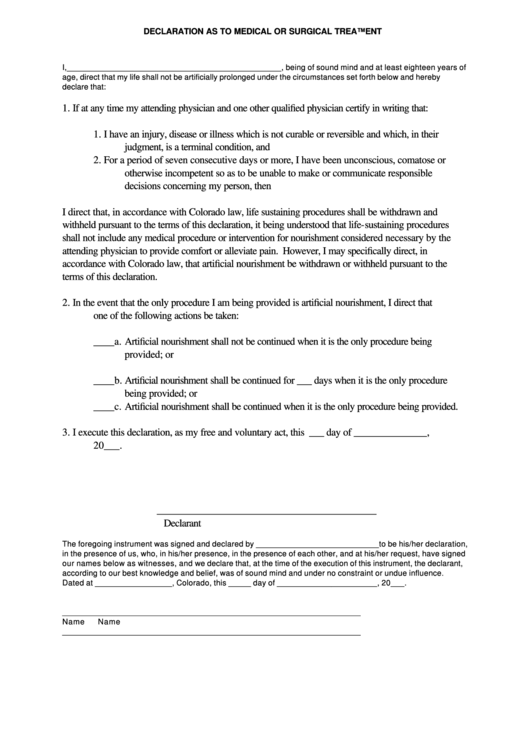 Fillable Declaration As To Medical Or Surgical Treatment Printable pdf