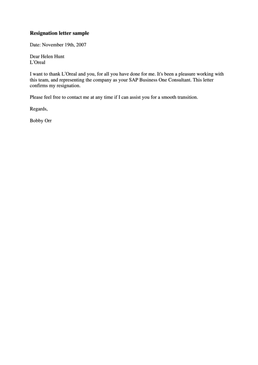 Resignation Letter Sample Printable pdf