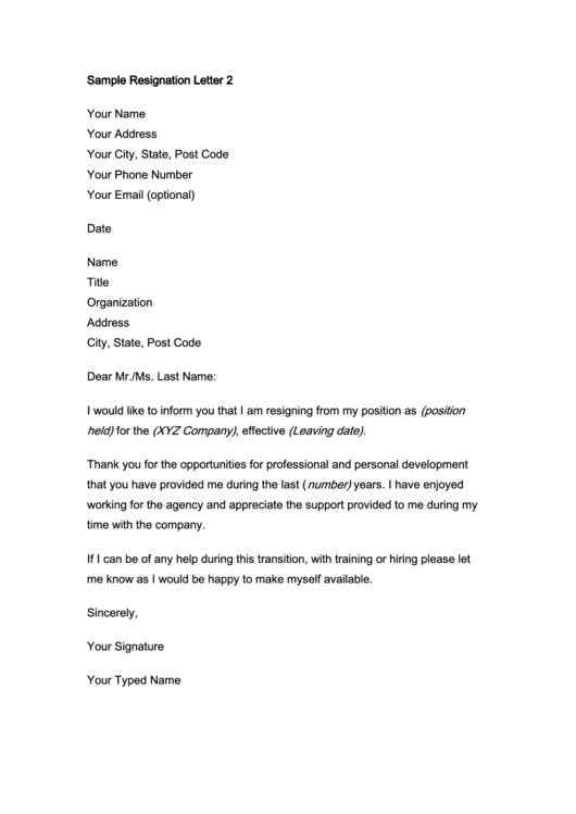 Sample Resignation Letter Template Printable pdf