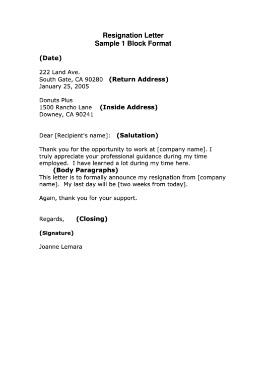 Sample Resignation Letter Template - Block Format Printable pdf