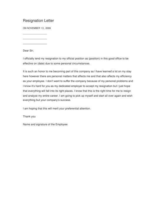 Formal Resignation Letter Template Printable pdf