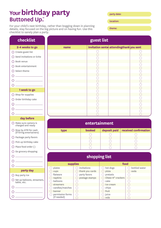 Birthday Party Planning Template Printable pdf