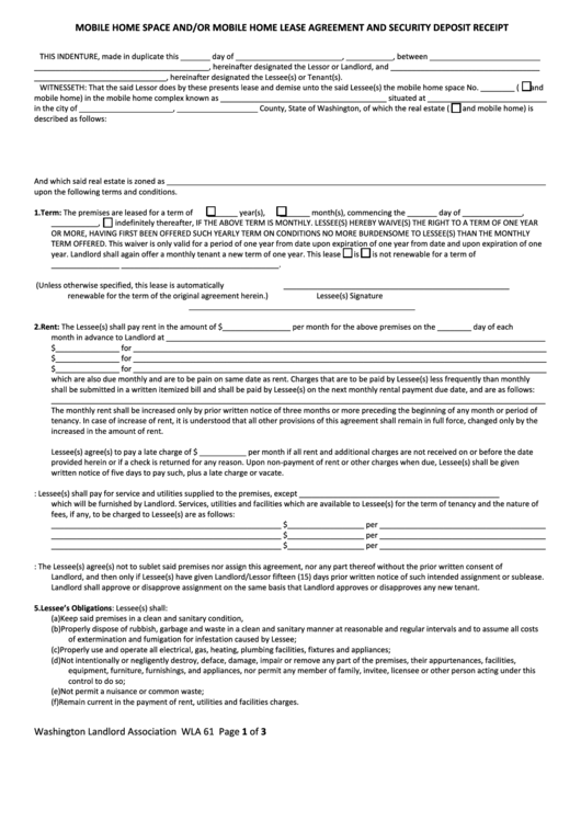 Mobile Home Space And/or Mobile Home Lease Agreement And Security Deposit Receipt